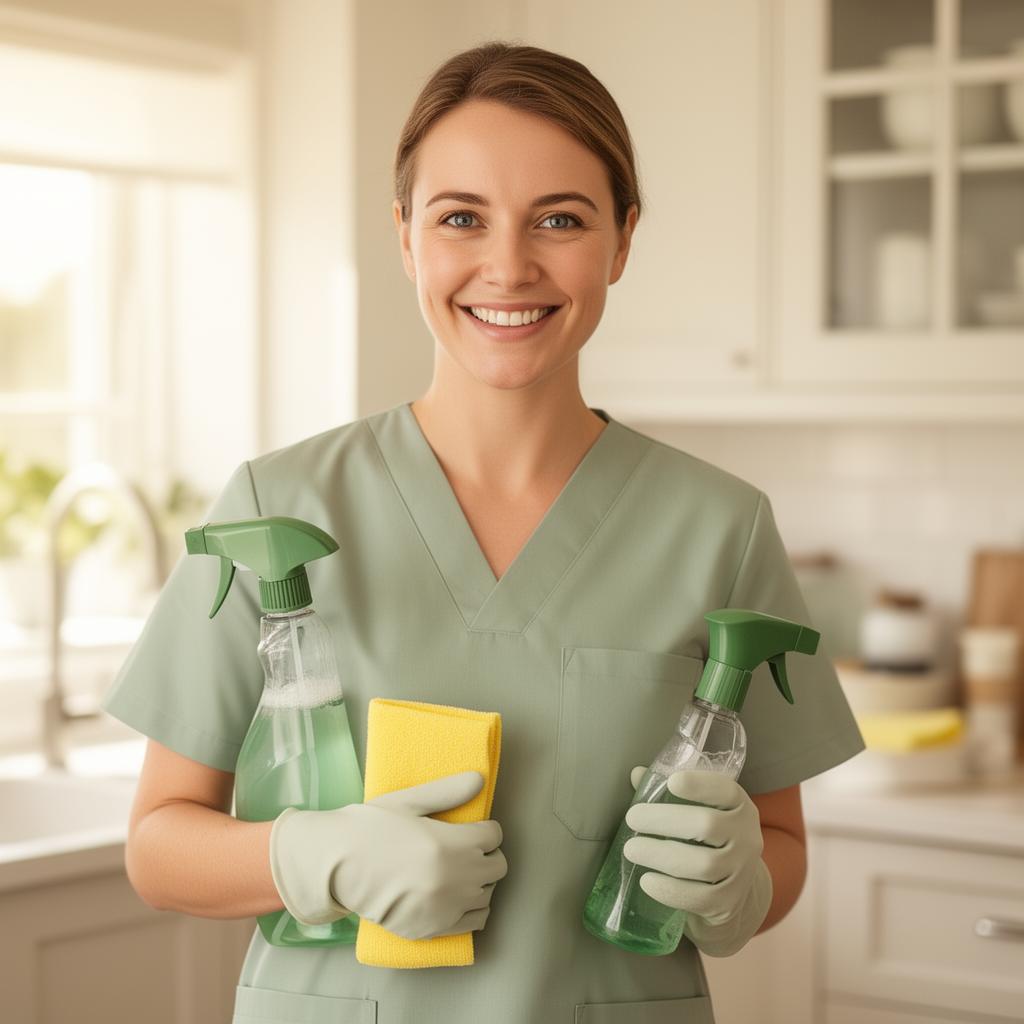 A friendly Cleanora team member ready to clean your home